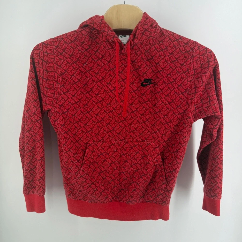 Nike Sportswear Club Fleece All Over Print Logo Hoodie Red Black Mens Small